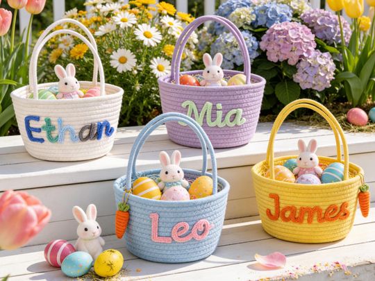 Personalized Woven Rope Easter Basket for Egg Hunting and Gift Giving