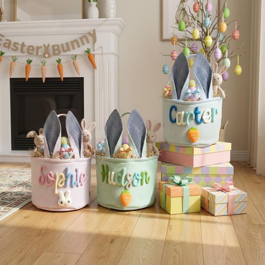 Discover Blue Easter Basket for Baby Boy, Personalized Son Gift, Custom Rope Name Bucket with Gingham Ears