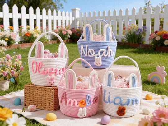 Personalized Easter Basket for Kids, Custom Name Rope Cotton Gift Basket, Egg Hunt Basket
