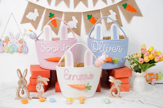Personalized Easter Basket, Handwoven Rope Bunny Basket