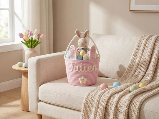 Personalized Easter Basket With Name, Bunny Ears Cotton Rope Basket, Custom Egg Hunt Gift