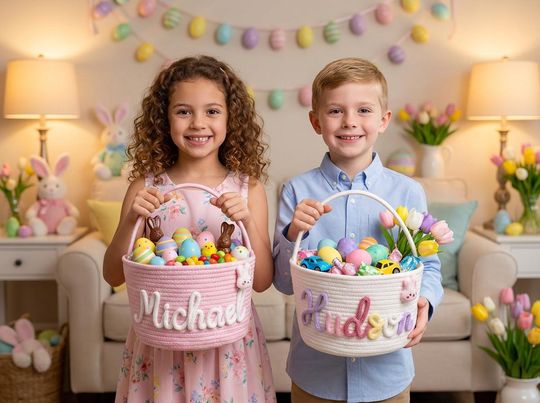 Personalized Easter Basket for Kids, Custom Name Bunny Basket, Easter Egg Hunt Basket, Baby First Easter Gift