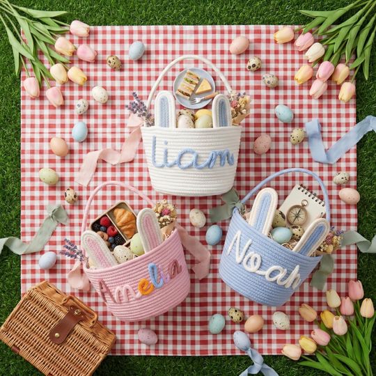Personalized Easter Basket 2026 | Custom Name Bunny Rope for Kids Baby First Egg Hunt Gift Toddler Toy Storage Bin Woven Nursery