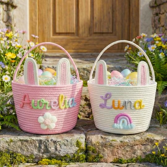 Personalised Easter Bunny Rope Basket for Kids, Nursery Spring Decor and Egg Hunt Gift