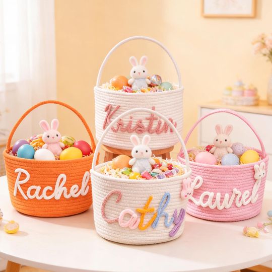 Personalized Handwoven Rope Easter Basket Custom Name Egg Hunt Bag