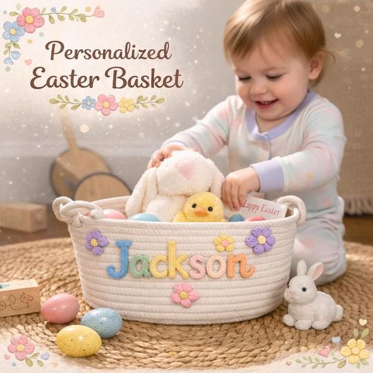 Personalized Easter Basket, Custom Monogram Baby Gift, Nursery Storage Baskets