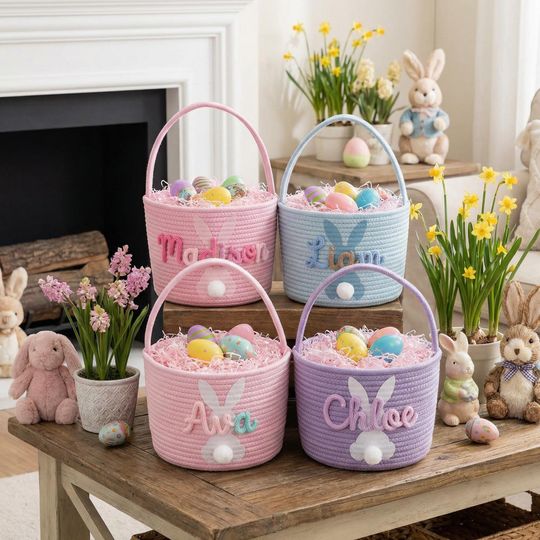 Discover Personalized Bunny Easter Basket, Custom Name Baby Easter Gift Basket, Easter Egg Hunt Basket, Cotton Rope Storage Basket, Easter Bucket