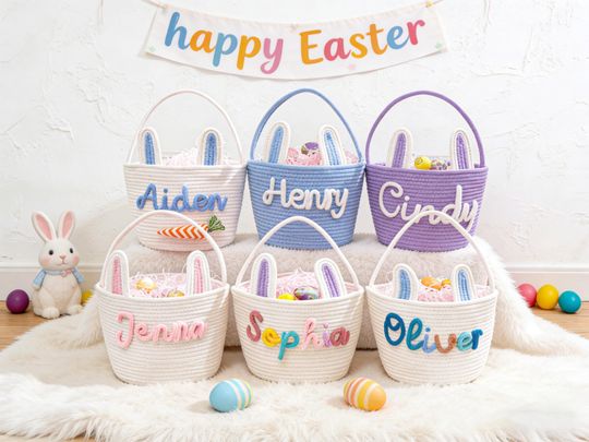 Crochet Easter Basket with Name Handwoven Rope Basket Personalized Easter Egg Hunt Gift
