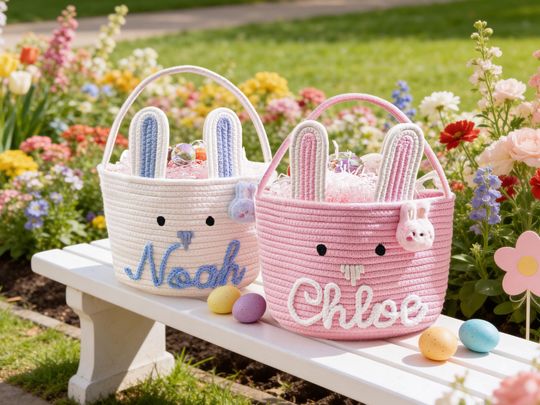 Custom Baby Easter Basket with Name, Personalized Bunny Easter Basket, Kids Easter Gift Basket, Baby's First Easter Gift