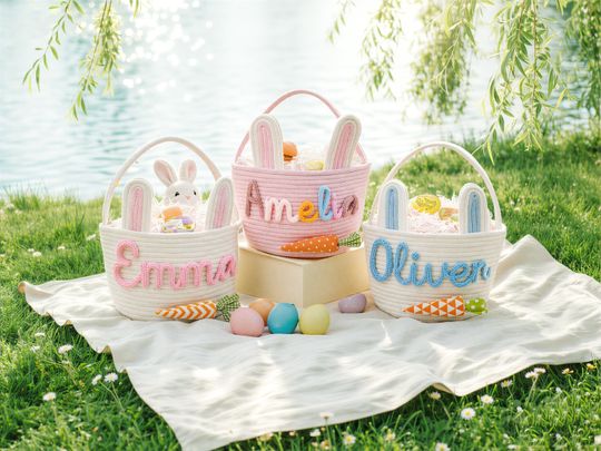 Discover Babys First Easter Basket  Personalized Bunny Basket with Name, Cotton Rope Keepsake Gift for Toddlers, Easter Egg Hunt Basket,