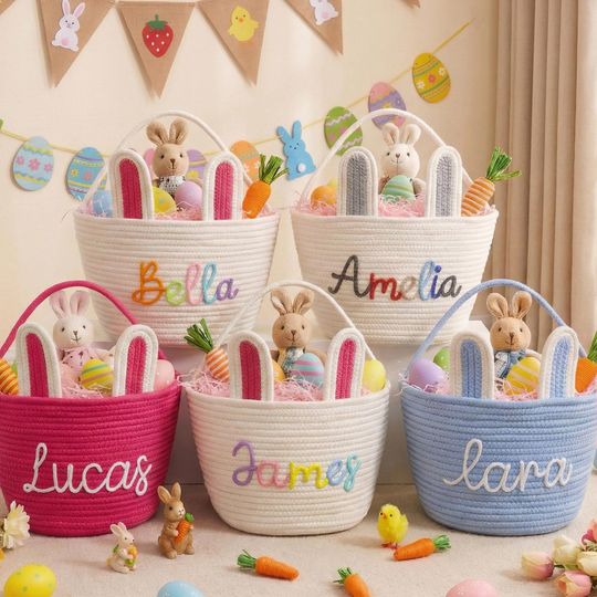 Personalized Easter Rope Basket with Name, Handwoven Easter Egg Hunt Bag for First Easter