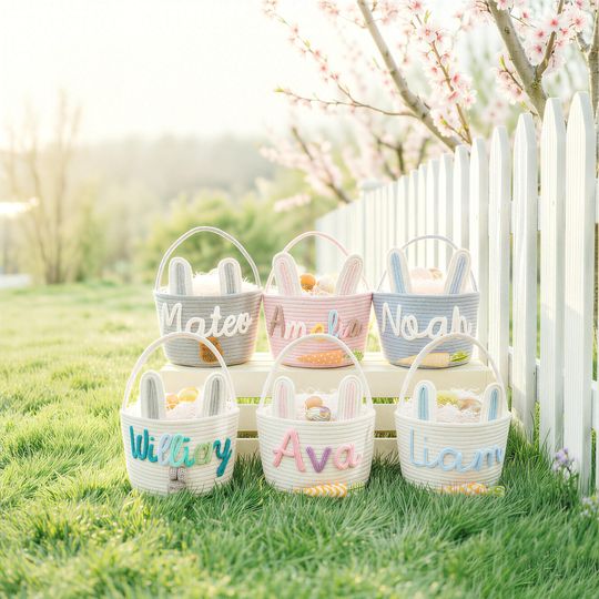 Custom Name Rope Cotton Easter Basket 2026 - Handmade Personalized Kids Egg Hunt BasketBucket