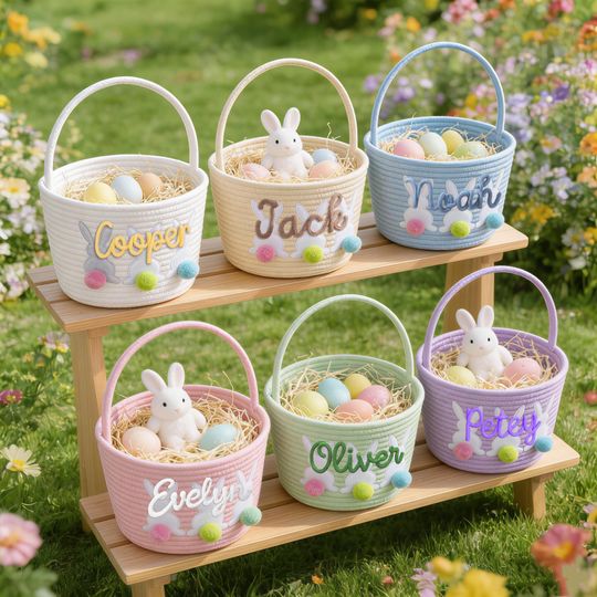 Personalized Easter Basket with Bunny Design, Custom Name Rope Basket for Egg Hunt and Baby Shower
