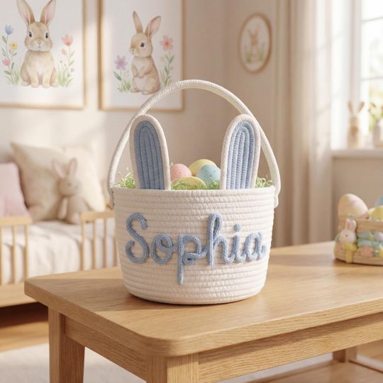 Custom Rope Easter Basket with Bunny Treat Holder and First Easter Gift