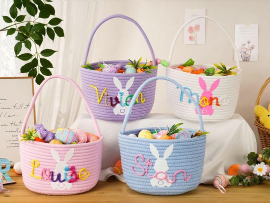 Personalized Bunny Easter Basket for Kids, Custom Name Baby Egg Hunt Basket, Rope Easter Bucket