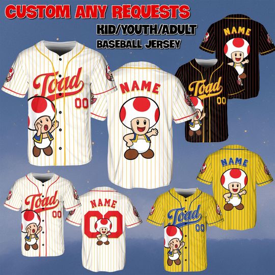 Custom Toad Baseball Jersey, Disney Super Mario Movie Jersey, Toad Mushroom Blue Shirt, Super Mario Characters Jersey, Disney World Shirt