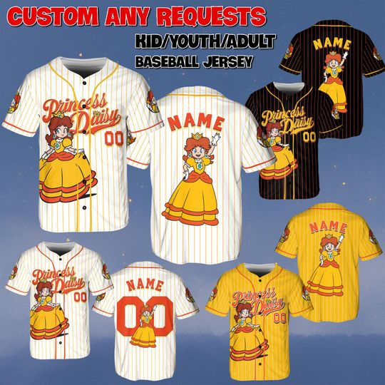 Custom Princess Daisy Baseball Jersey, Disney Super Mario Movie Jersey, Princess Daisy Yellow Shirt, Super Mario Characters Jersey
