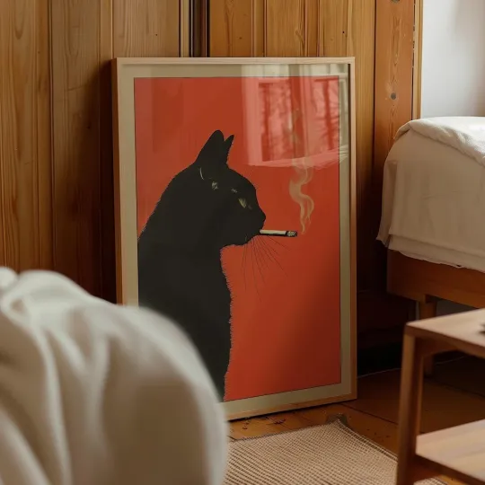 Discover Black Cat Smoking a Cigarette Vintage Poster Art Retro Whimsical Print Funny