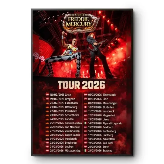 Discover Freddie Mercury Spirit 2026 Tour Poster – Queen Tribute Artwork, Legendary Rock