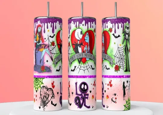 Discover Jack Skellington and Sally Halloween Tumbler 20oz Skinny Cup Mug Lid w/ Straw