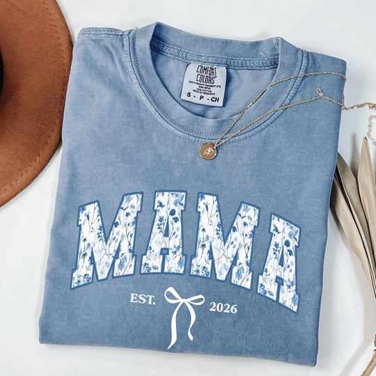 Discover Comfort Colors Mama, Retro Blue Toile Floral Est 2026 Crewneck, Coquette Mom Gift