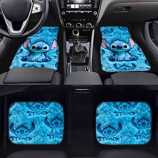 Stitch Car Floor Mats, Set of 4, Universal Fit, Non Slip, Washable, Cute Blue Ca