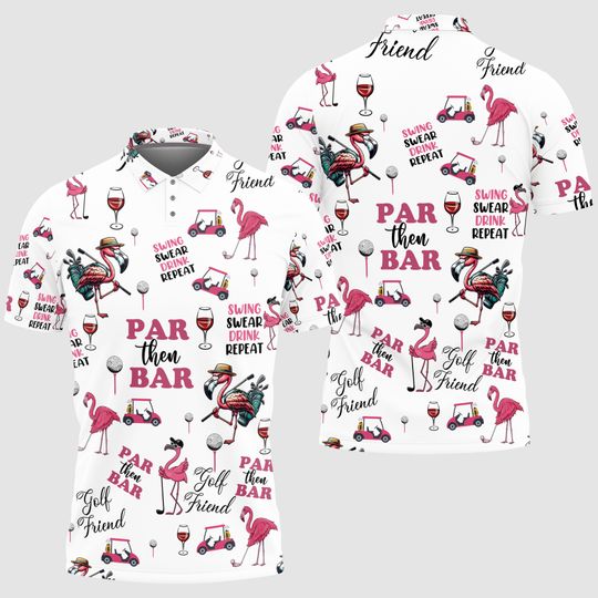 Women's Polo Shirt, Funny Flamingo Golfer Par Then Bar