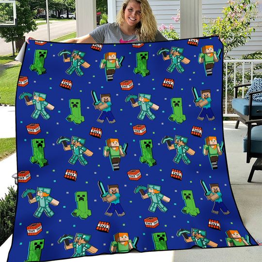 Minecraft Plush Fleece Blanket Kids Super Soft Blue Fleece Bedding, Features Creeper