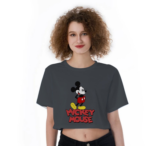 Disney Womens Gray Classic Mickey Mouse Crop Top Ringer T Shirt