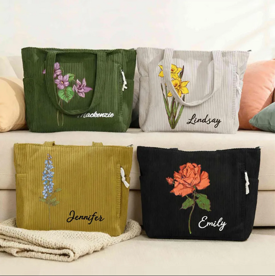 Explore Personalized Name Birth Flower Corduroy Tote Bags