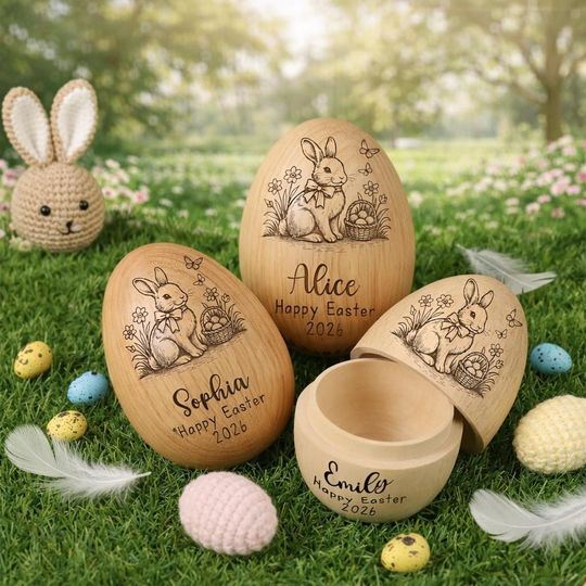 Discover Personalized Wooden Easter Egg Bunny  Custom Name Engraved Easter Egg  Fillable Easter Basket Stuffer  Baby First Easter Keepsake
