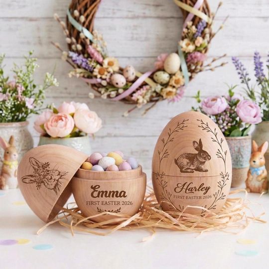 Discover Personalized Fillable Wooden Easter Egg, Custom Name Engraved Hollow Egg 2026, Baby First Easter Keepsake Gift, Easter Basket Stuffer Decor