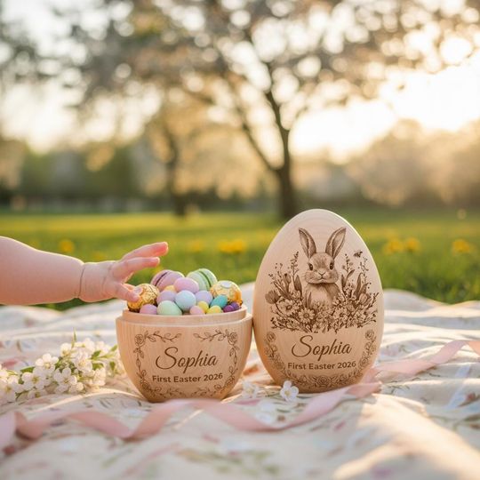 Personalized Wooden Easter Egg, Custom Engraved Baby First Easter Keepsake Gift 2026, Toddler Basket Stuffer & Decor