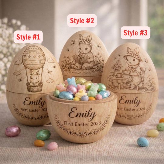 Discover Custom Hollow Wooden Easter Egg, Custom Engraved Bunny Egg Box, Baby First Easter Gift 2026, Natural Wood Keepsake Basket Gifts