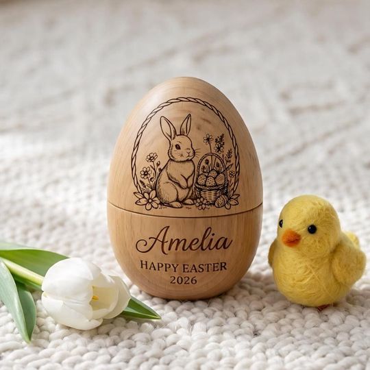 Personalized Wooden Easter Egg: Custom Name Easter Gift, Cute 1st Easter Basket Stuffer