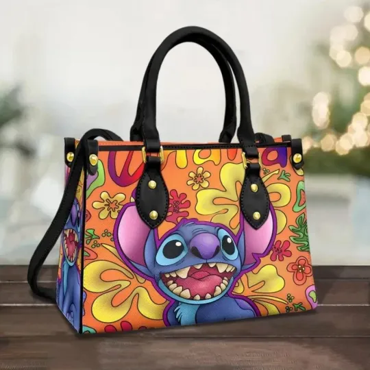 Discover Personalized Stitch Leather Handbag, Stitch Blue Alien Women's Leather Bag Gift