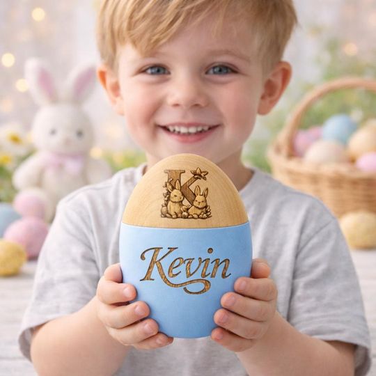 Personalized Easter Egg Decor  Custom Engraved Wooden Egg with Bunny Letter, Spring Basket Filler
