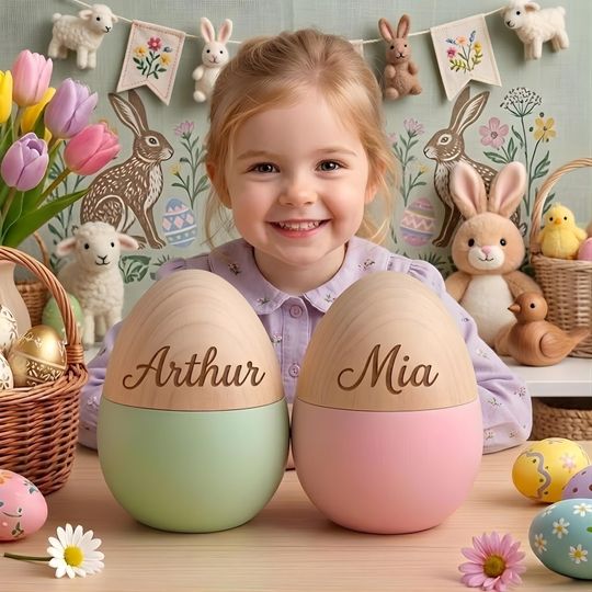 Personalized Wooden Easter Egg, Fillable Hollow Egg, Baby's First Keepsake for Kids, Custom 1st Baby Easter, Toddler Name Stuffer