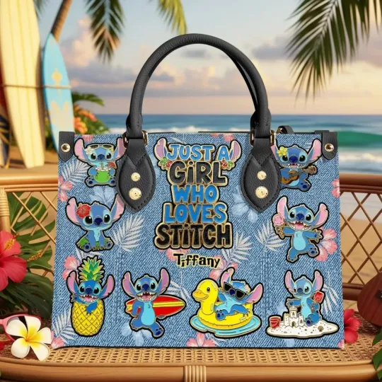 Discover Personalized Stitch Leather Handbag, Stitch Blue Alien Women's Leather Bag Gift
