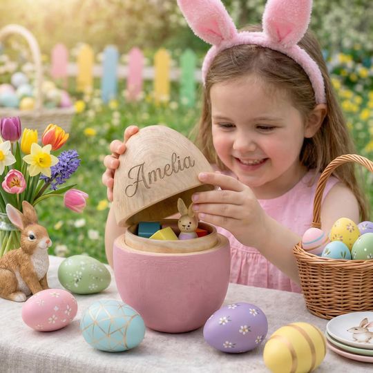 Personalized Wooden Easter Egg, Custom Kids Name Baby Keepsake Gift, Engraved Easter Basket Stuffer, Toddler First Easter Memory Gift