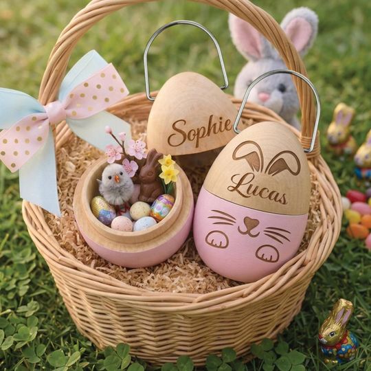 Discover Personalized Wooden Easter Egg with Carry Handle, Custom Kids Name Baby Keepsake Gift, Fillable Surprise Engraved Egg