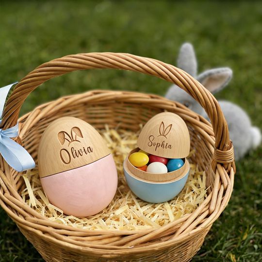 Personalized Wooden Easter Egg, Custom Engraved Name & Bunny Ears, Fillable Keepsake, Easter Basket Stuffer, Easter Spring Decor