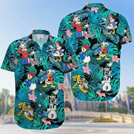 Discover Disney Nautical Button Shirt/Short, Tropical Mickey Minnie  Cute Unisex Style