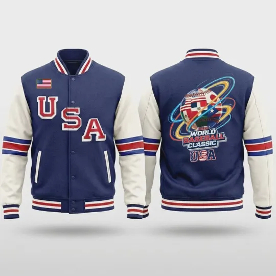Discover 2026 World Baseball Classic USA Team All Over Baseball Jacket Navy HOT