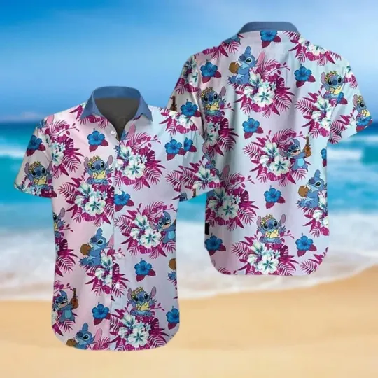 Discover Disney Stitch Hawaiian Shirt, Pink And Blue Pastel Tropical Shirt