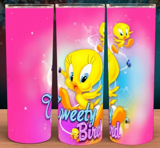 Tweety Bird Cartoon Pink Gradient Tumbler with Lid and Straw 20oz
