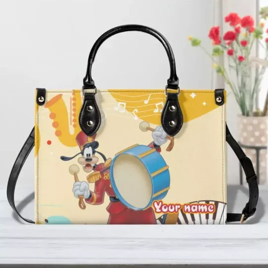 Discover Personalize Goofy Leather Handbag, Goofy Playing Drum Leather Handbag