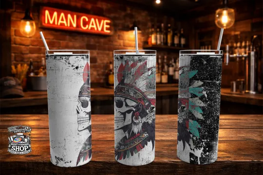 Discover Native American Skull Headdress 20oz Skinny Tumbler – Tribal Skull Drink Cup