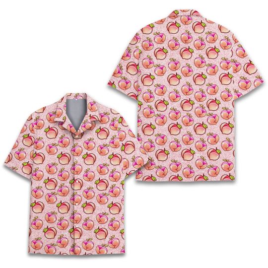 Peach Hawaiian Shirt for Adult Youth, Funny Peach Fruit Aloha Shirt, Pink Summer Button Down Shirt