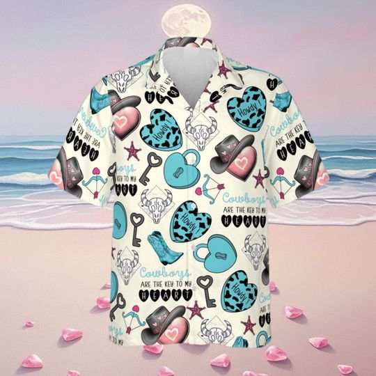 Discover Men's Hawaiian Cowboy Shirt with Heart Boots & Hat Print, Short Sleeve Summer Beach Aloha Shirt